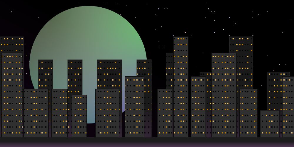  an svg drawing of a cityscape in front of a starry night sky with a large pastel moon hanging in the background