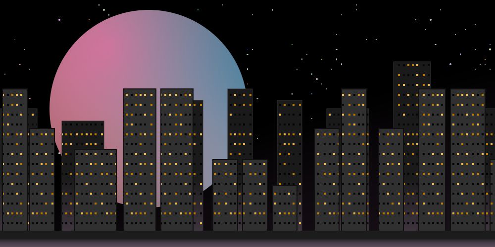  an svg drawing of a cityscape in front of a starry night sky with a large pastel moon hanging in the background