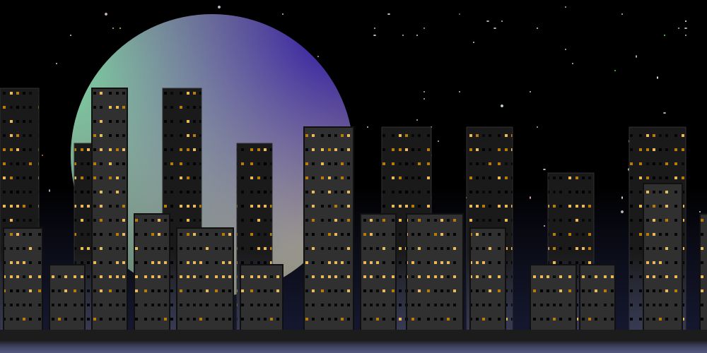  an svg drawing of a cityscape in front of a starry night sky with a large pastel moon hanging in the background