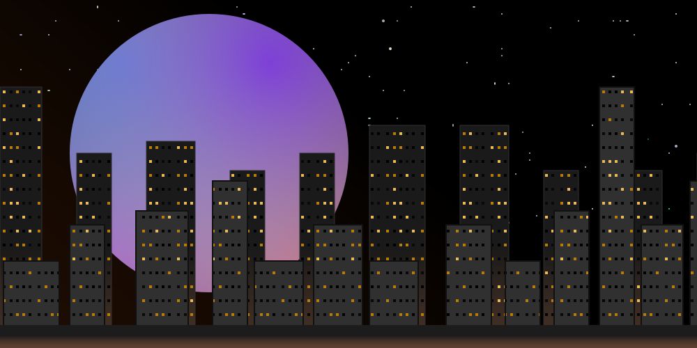  an svg drawing of a cityscape in front of a starry night sky with a large pastel moon hanging in the background