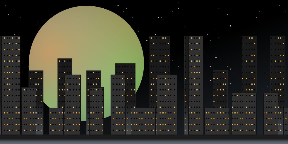  an svg drawing of a cityscape in front of a starry night sky with a large pastel moon hanging in the background