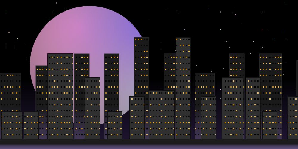  an svg drawing of a cityscape in front of a starry night sky with a large pastel moon hanging in the background