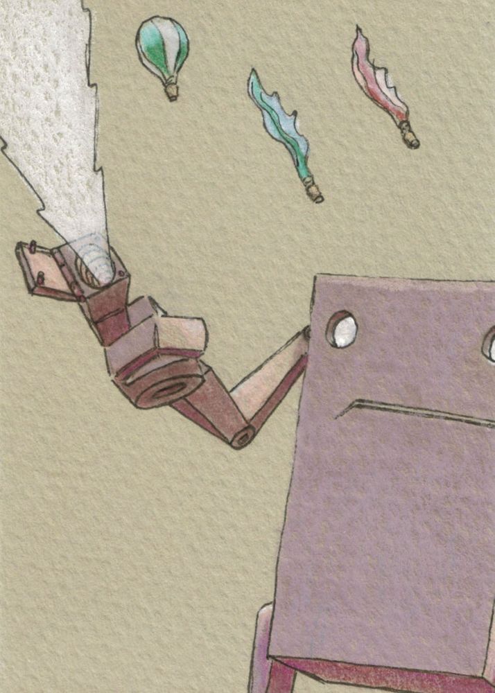 Storybook illustration of robots doing robot things from Kris Chavez.