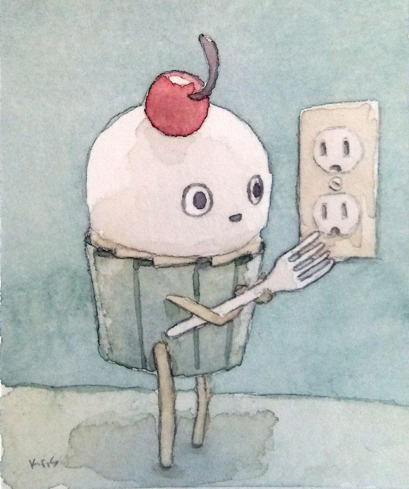 A cupcake looks longingly at a light socket while holding a fork in this watercolor by Kris Chavez. 