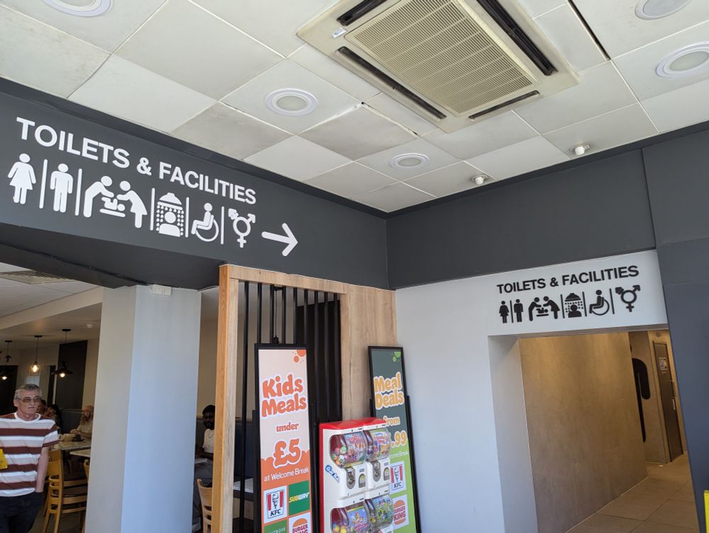 A photo of the "toilets and facilities" sign at Woodall services. The symbols are female outline | male outline | male and female figures leaning over a baby on a table | person in a shower | person using a wheelchair | gender inclusive circle