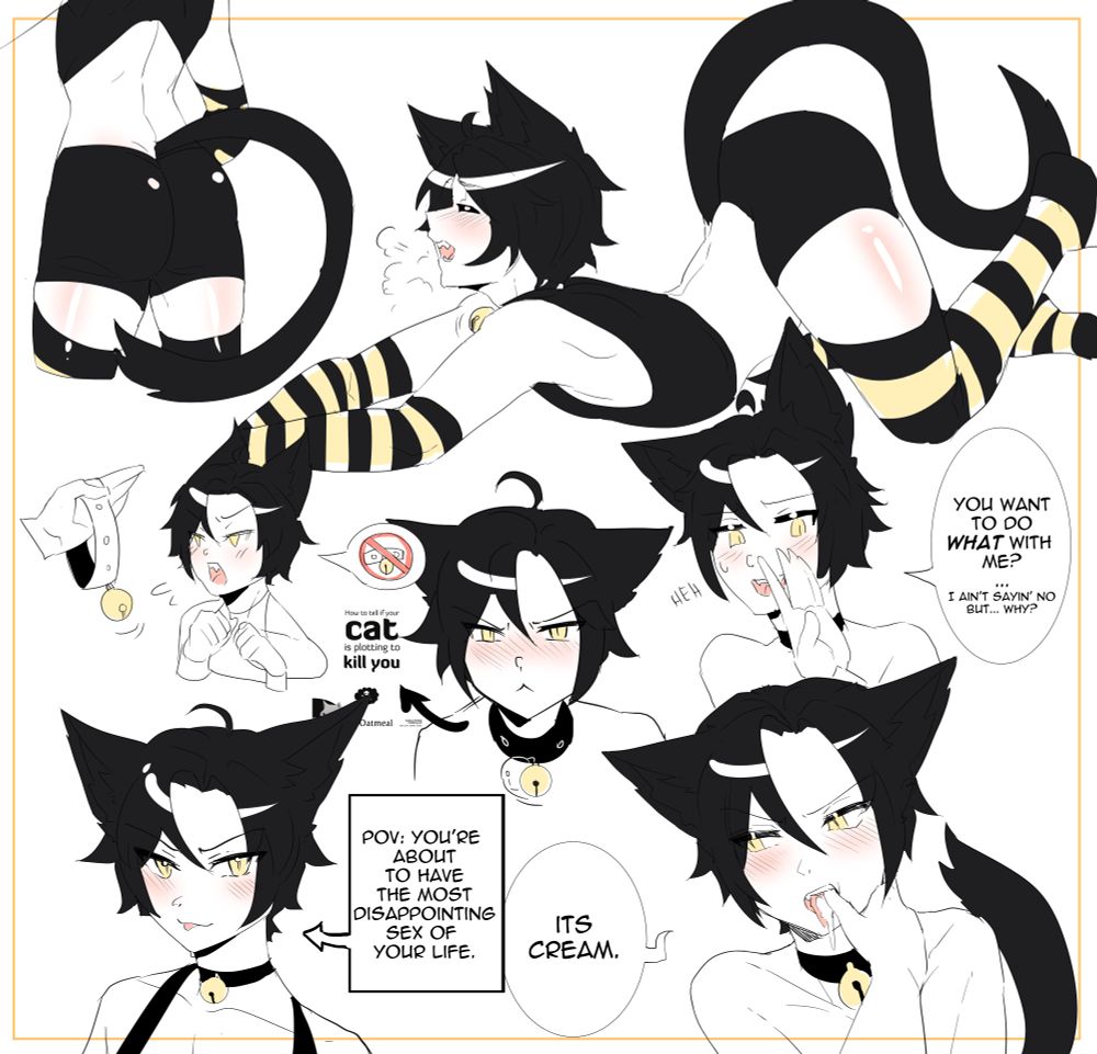 A big sketch page of a black-haired catboy called Author in various positions.
