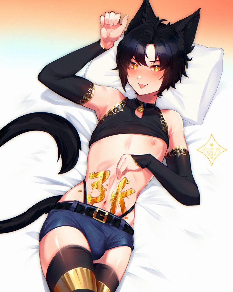 A cat boy with black hair and golden eyes lying on his back on a bed with his crop top lifted up slightly to reveal one of his nips and a large 3K painted on his toned stomach with glittery gold paint.
