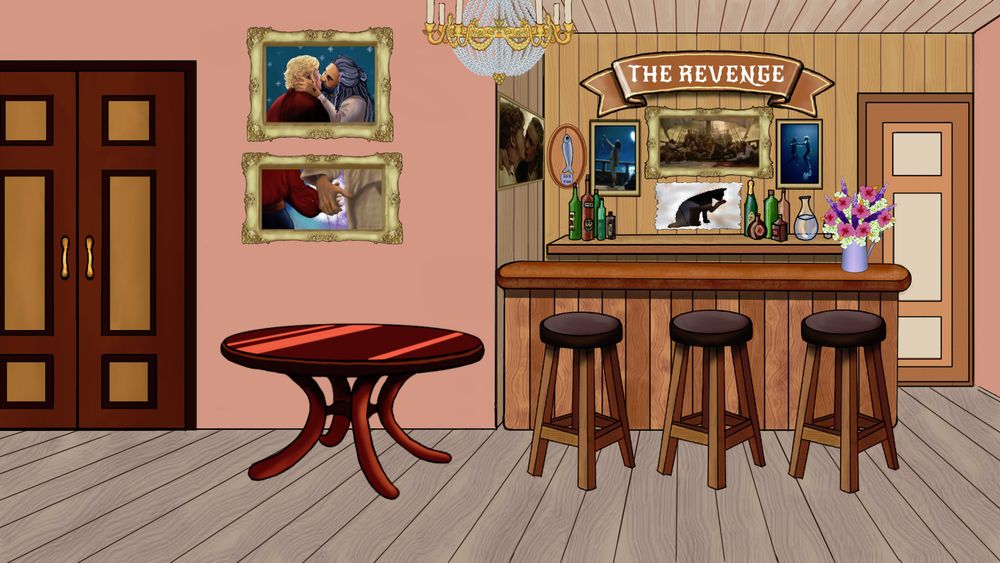 These are two views of the same room - the new-built function room of the Inn - which in this episode has been rented to a wedding party.  At one end of the room, you see the rather simple wooden bar, which is the first thing they built - to start earning some money to build the rest.  There are several paintings on the wall (by Lucius), the Revenge name plate, the cat flag and Ed's stuffed fish.  There is also a nice table there for the wedding cake.  There are double doors to the kitchen, flowers and bottles on the bar top, and a chandelier is seen above.  