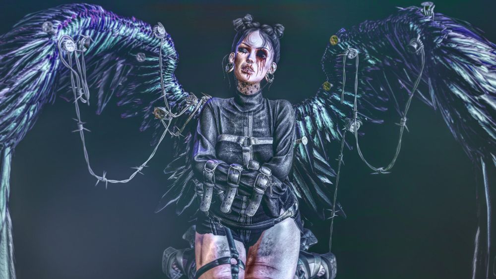 Secondlife avatar posing with straight jacket, wings, and blood.