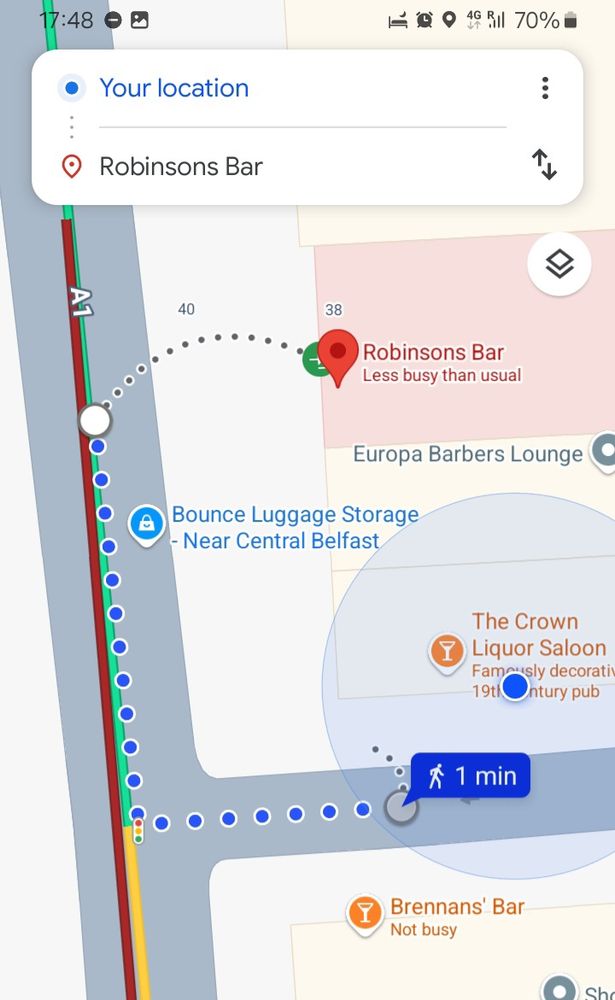 Google map showing the Crown and Robinsons in Belfast 

