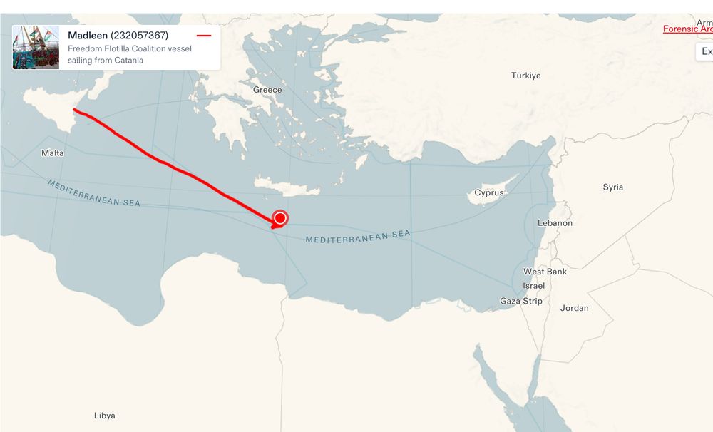 Map showing the current position of the flotilla to Gaza