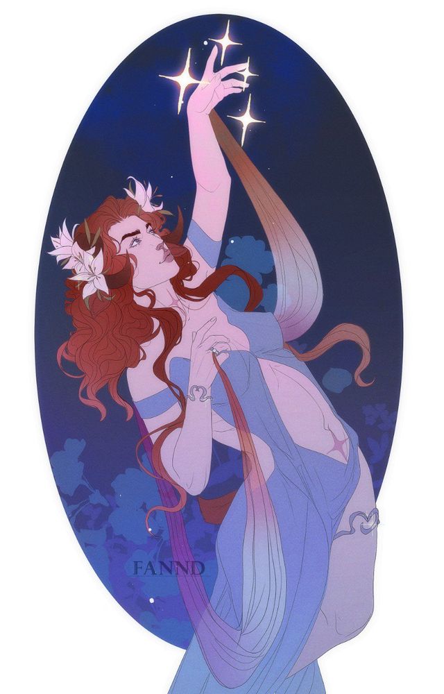 sketch, abstract art, faun, fawn, lgbt art, lesbian flag, girl in blue dress, red hair, stars 