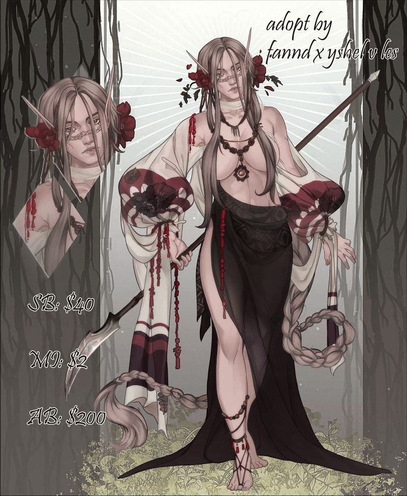 Priestess girl in folk costume, long braid behind her back, weapon in hand. Adopt, character for sale, mythical girl