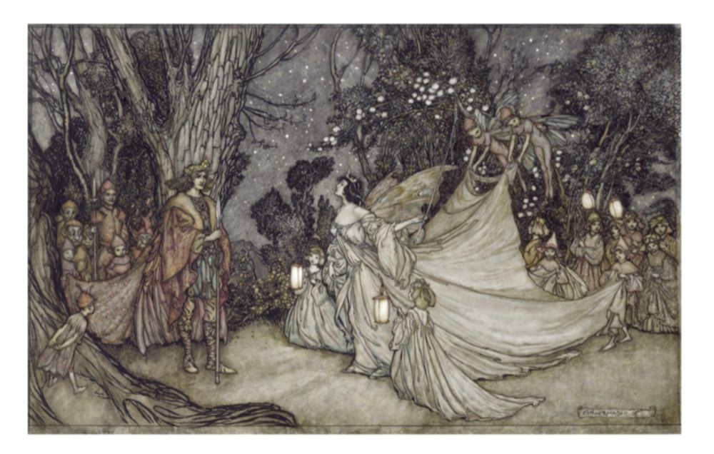 Oberon and Titania meet by Arthur Rackham 

Oberon is on the left in robes with a train of fairy knights, Titania is in the left in white surrounded by fairy maids carrying lanterns