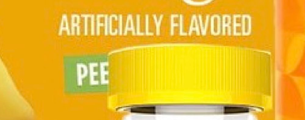 Zooming in on the gummy mango, the multivitamins have blocked the label so it says "artificially flavored pee" instead of (now that I've looked it up) "artificially flavored peelable candy."