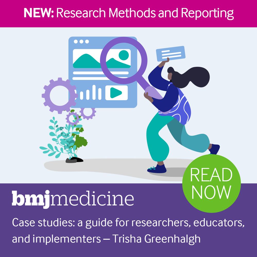 Promotional graphic for BMJ Medicine featuring an illustration of a person with a magnifying glass, analysing icons representing research methods and reporting, including charts and gears. The image includes text that reads 'NEW: Research Methods and Reporting,' with a call to action reading 'READ NOW.' There's also a reference to case studies and a guide for researchers