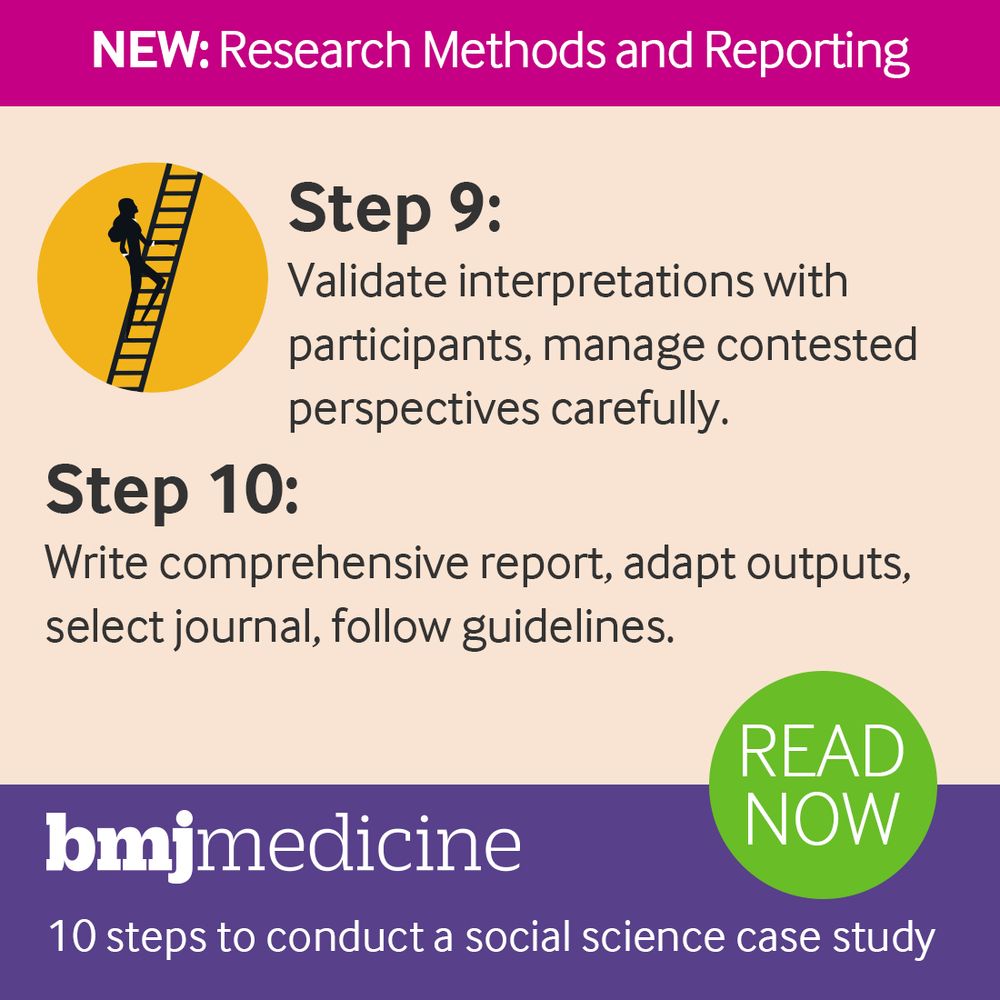 Promotional graphic for a BMJ Medicine article. This graphic highlights steps 9 and 10. Step 9, Validate interpretations with participants, manage contested perspectives carefully; Step 10, Write comprehensive reports, select journal, follow guidelines. It features a 'READ NOW' button and an icon of a ladder ascending to the left.