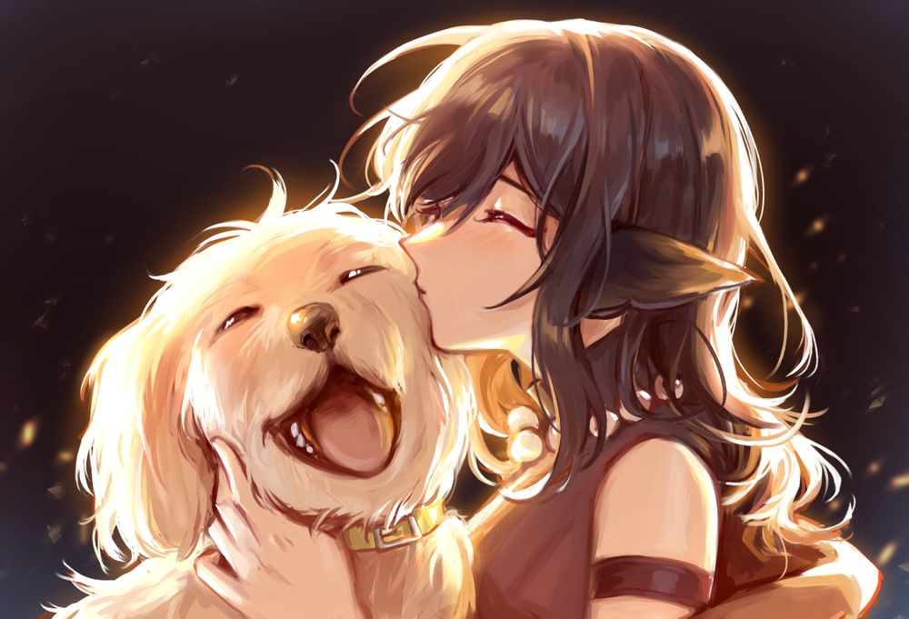 Miho, the protagonist from Please Be Happy, is kissing the cheek of her dog, Happy, who has a wide open-mouth smile. The lighting is warm and bright.