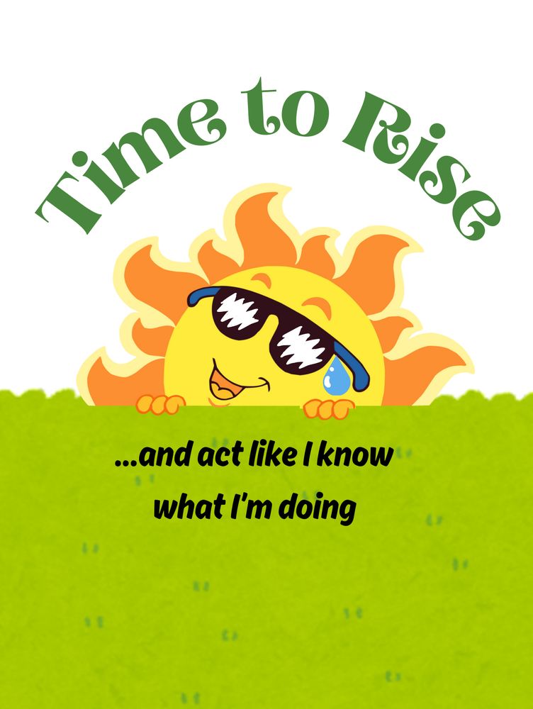 On a spring green field a personified, sunglasses wearing sun peeking over the horizon. They have a anime sweat drop and the text says: “Time to rise…and act like I know what I’m doing.”  