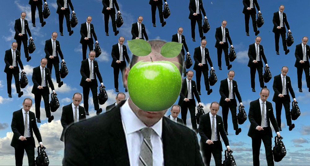 Stephen Miller with a green apple over his face and multiple images behind him, à la Magritte. 
