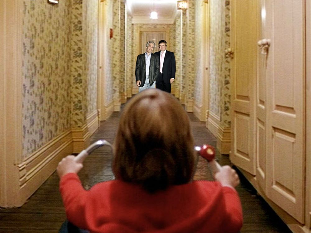 Trump and Epstein in The Shining hallway. 