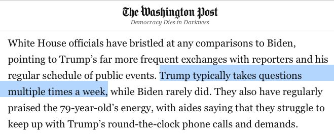 White House officials have bristled at any comparisons to Biden, pointing to Trump’s far more frequent exchanges with reporters and his regular schedule of public events. Trump typically takes questions multiple times a week, while Biden rarely did. They also have regularly praised the 79-year-old’s energy, with aides saying that they struggle to keep up with Trump’s round-the-clock phone calls and demands.