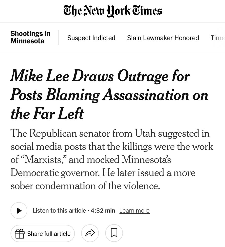 Mike Lee Draws Outrage for Posts Blaming Assassination on the Far Left
The Republican senator from Utah suggested in social media posts that the killings were the work of "Marxists," and mocked Minnesotas Democratic governor. He later issued a more sober condemnation of the violence.
