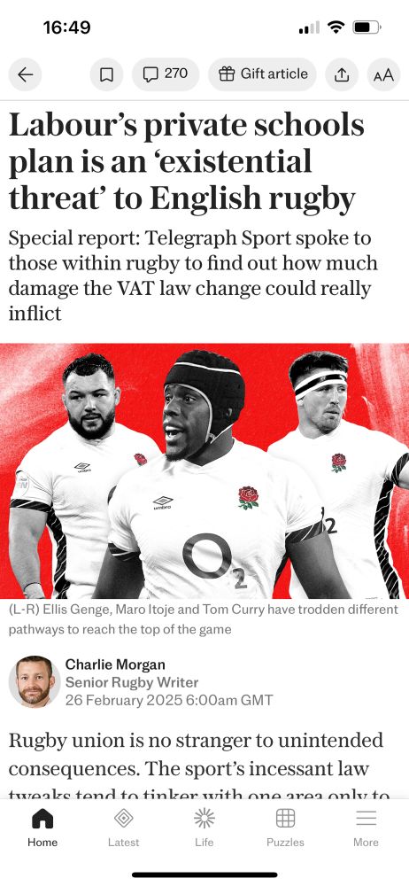 Article Telegraph sur l'impact D'une réforme politique des écoles privées sur le rugby à à XV 