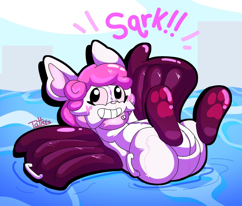 A drawing of an anthro bat character made into a vinyl pooltoy with her wings becoming small raft-like structures, floating on her back on water and squeaking loudly.