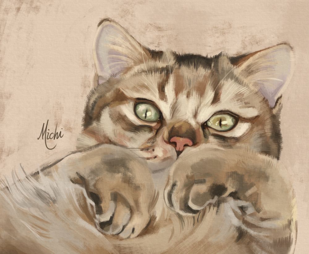 A drawing of a cat. The cat has light brown fur and green eyes. Lying on its back with its paws close to the face.