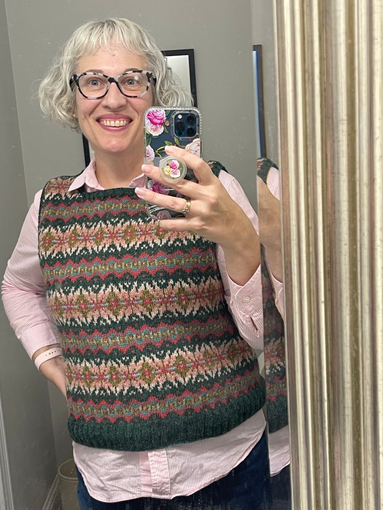 Modeling my first Sea Faerdy vest by Gudrun Johnston (I’ve since knit a second one in a different colour scheme…see next photo). This was a joy to knit! I loved seeing the pattern take shape!

Knit in Jamieson’s of Shetland Spindrift.