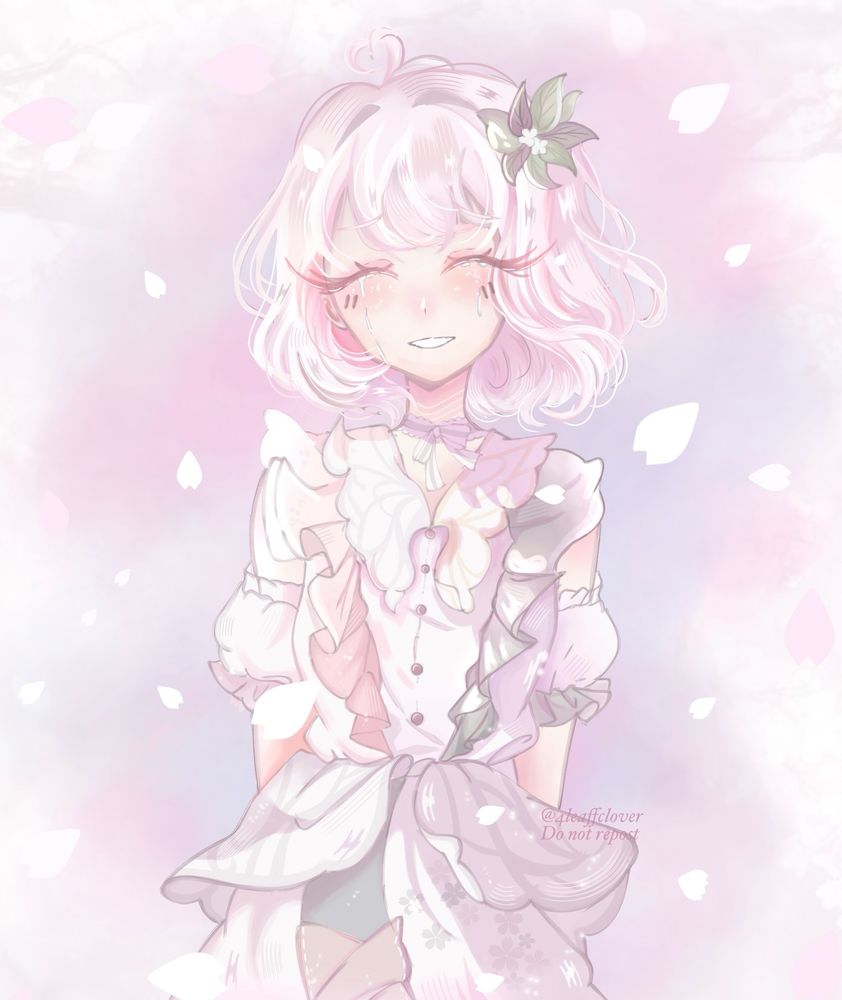 Illustration of mizuki Akiyama from project in the outfit from the new ena5 card. It is an exact redraw of the card with a simple background. Mizuki has a happy smile whilst crying and her hands are behind her back. The illustration is rendered and the background features watercolour of pink purple and light blue hues. White petals also surround Mizuki.