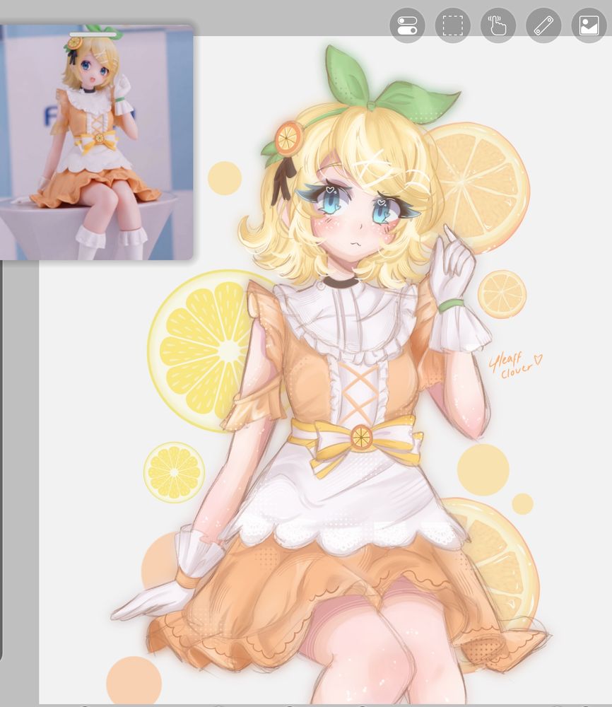 Illustration redraw of kagamine rin citrus figure. She is wearing an orange citrus themed outfit and sitting down with one hand held close to her face in a pinching motion. The background is decorated with lemons and orange slices 