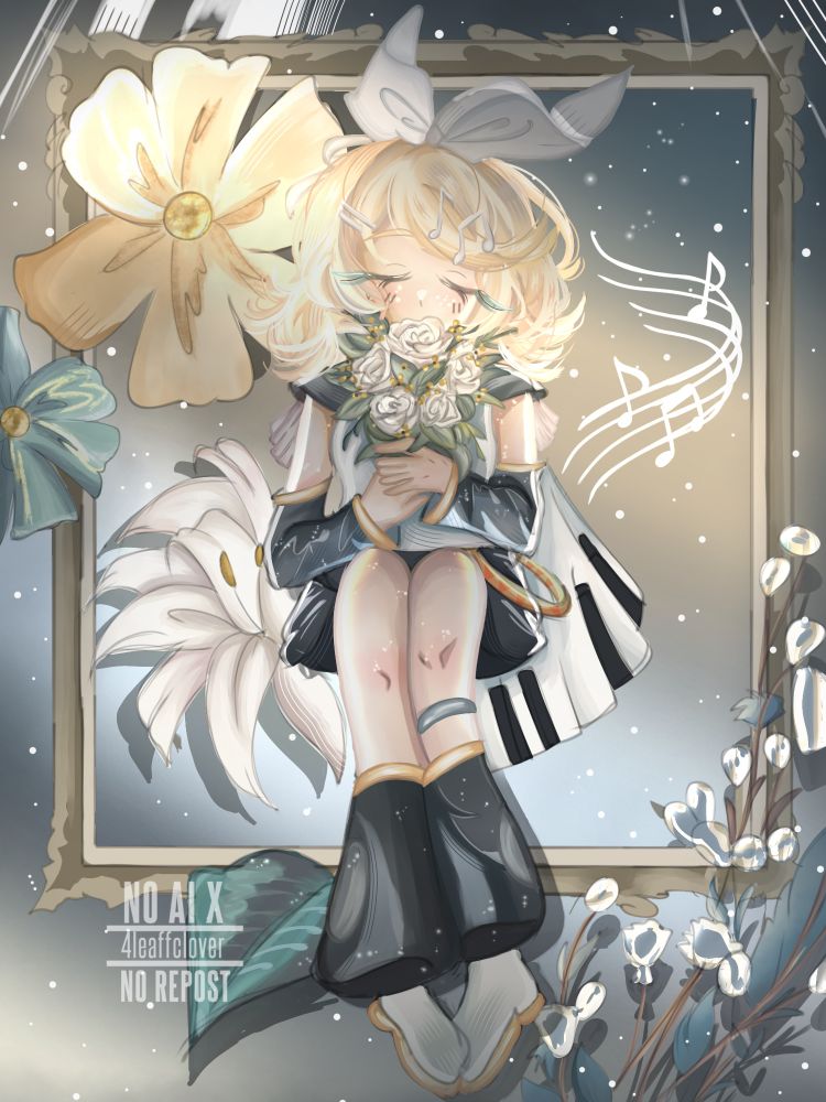Illustration of kagamine rin vocaloid sat inside a picture frame with flowers surrounding her. She is also sat on a keyboard and music notes surround her. She is holding a bouquet up to her face and is closing her eyes peacefully 
