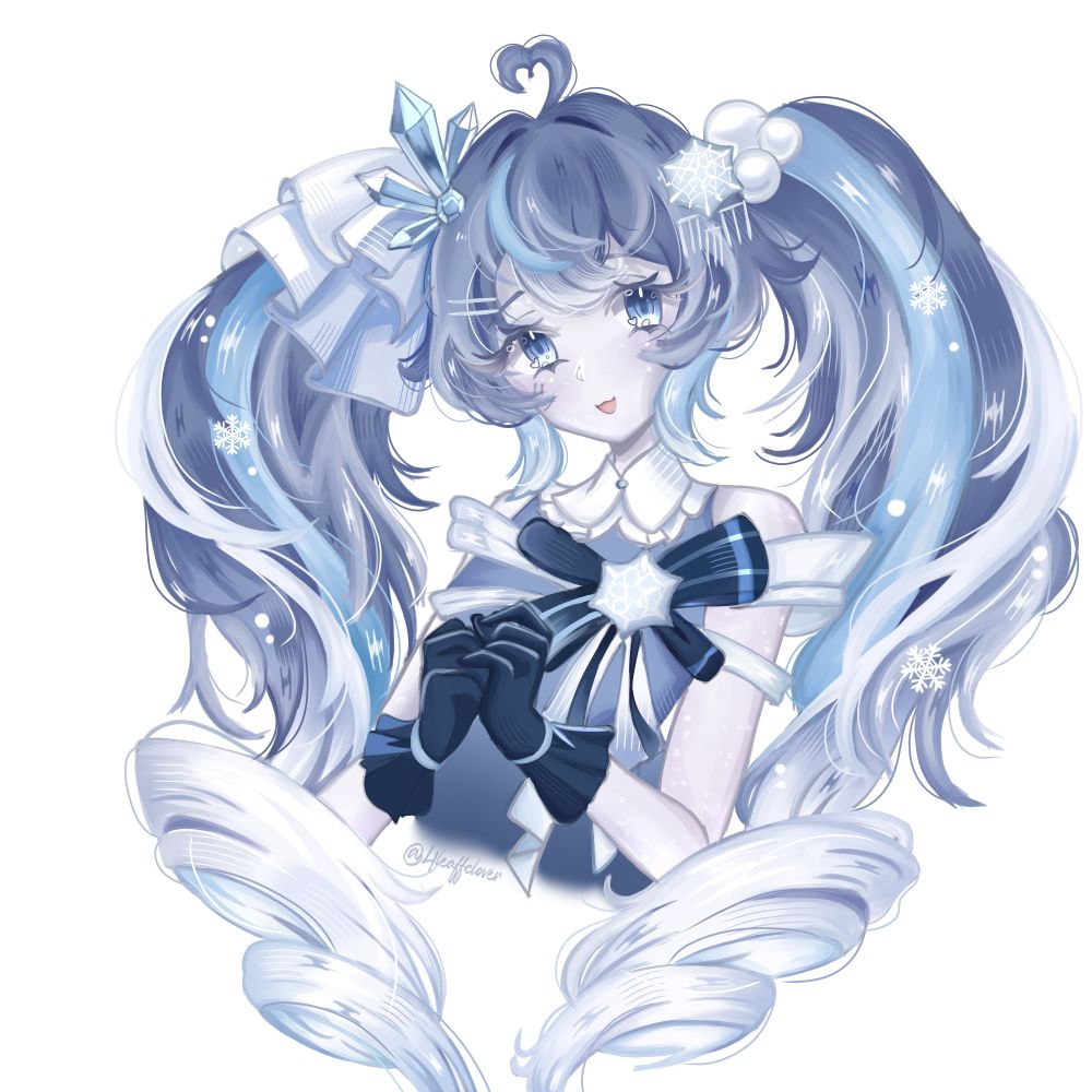 Illustration of snow miku 2025 on a blank white background. The drawing only shows the top half of her body, she has her hands held together infront of her chest and is smiling with her mouth open whilst looking to the side 