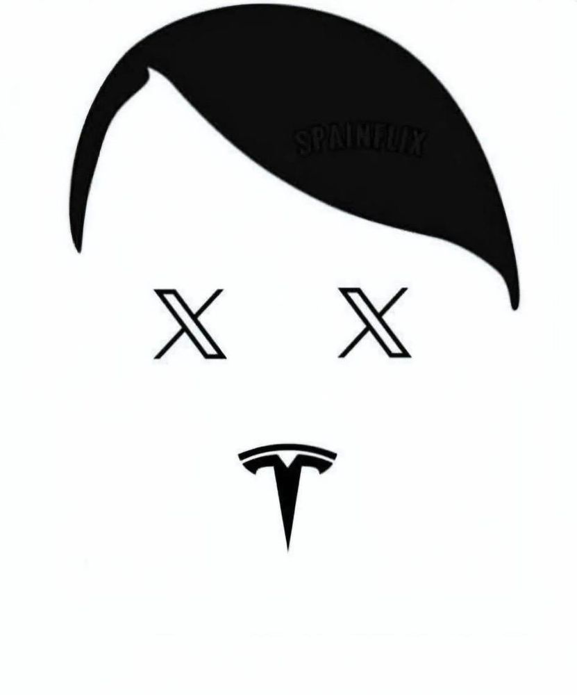The silhouette of Hitle's face made of two Xs (from X former twitter platform) as the eyes and the Tesla logo used as the iconic Nazi moustache. 