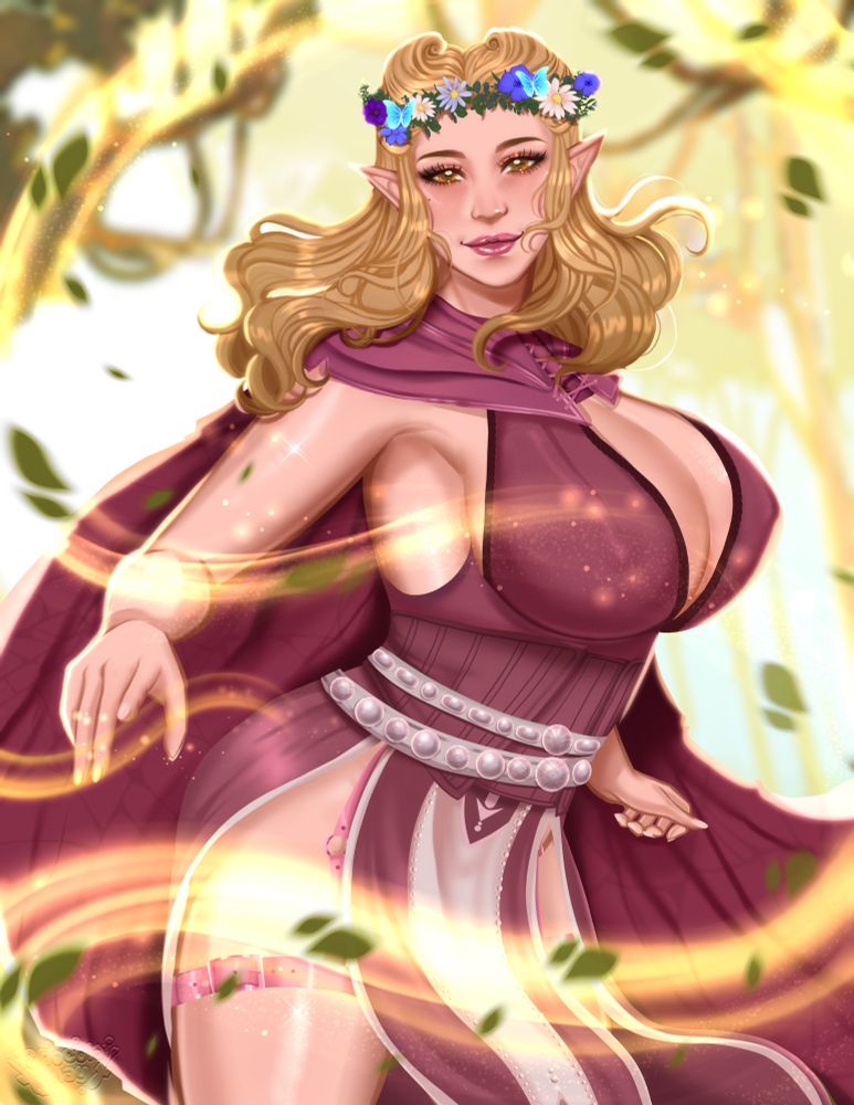 Celia, a wood half-elf and Circle of Spores Druid, stands amidst the swirling gold energy of her Druidic magic. Art by @chocolamay.bsky.social