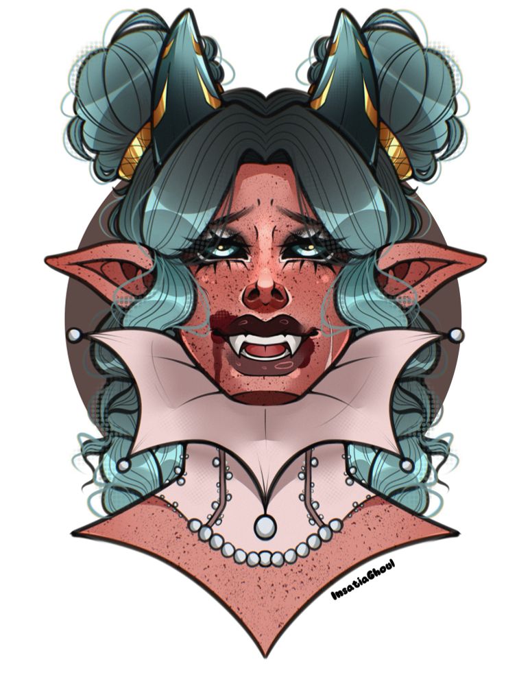 Elizabeth (Liz), a tiefling with teal and gray hair, is dressed up as Verona, one of Dracula’s Brides from the 2004 movie Van Helsing.