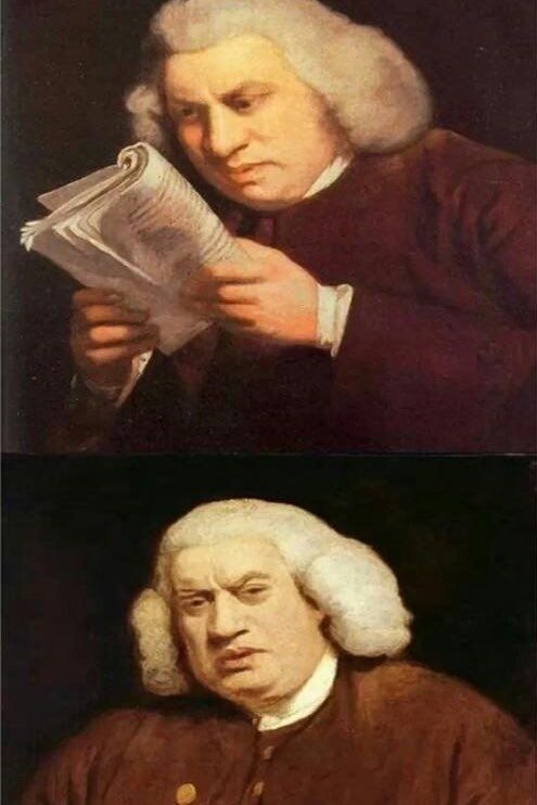 First panel depicts a painting of old white man with an extremely outdated hairstyle (kinda looks like the wigs that judges used to wear) reading a page in a book. The second panel shows the same man looking up as if looking at a camera with a disgusted look on his face.