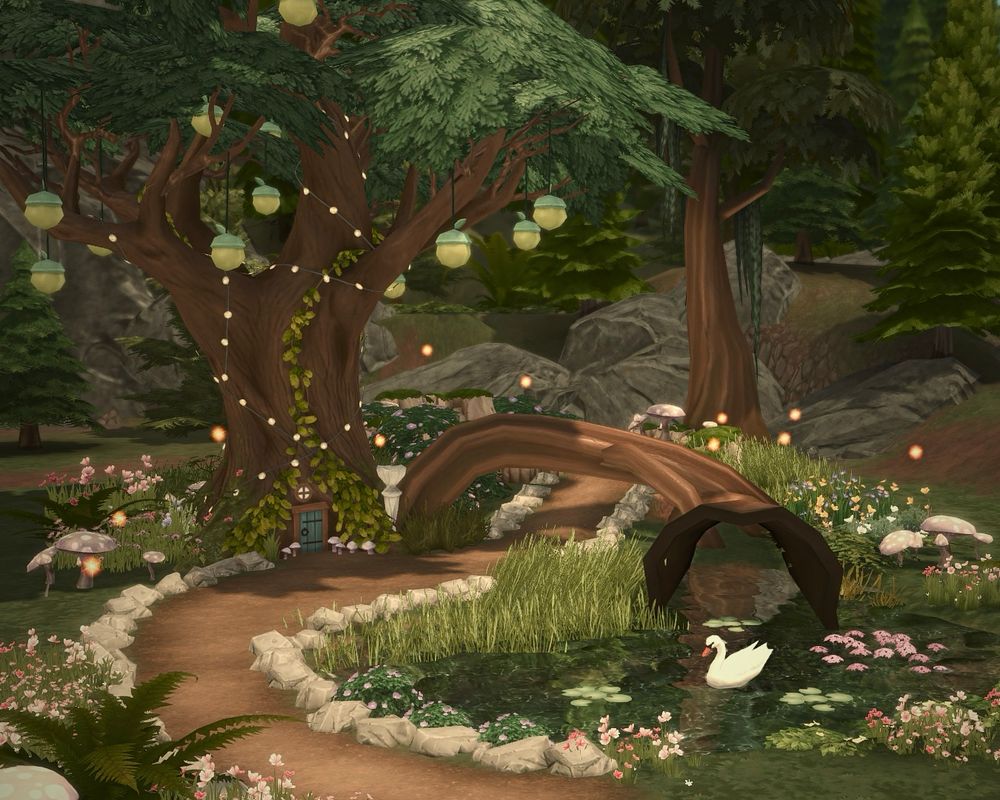 Dirt path leading up to a large tree with ivy climbing up and lights strung around the trunk and lantern lights hangign from branches. A small pond has some pink flowers ontop, a swan swims at the base of a large tree trunk that is hollow on the inside creating a tunnel. Yellow glowing lights float around. Green lush landscape with pink mushrooms and pink flowers. 