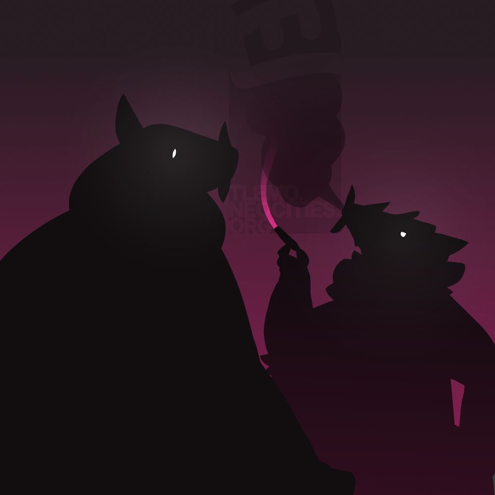 A drawing of a movathhanun (left) and a thanun (right). Both of their irises are glowing, and the thanun is smoking a cigarette. 