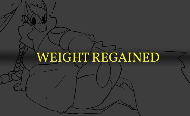 picture of yuri, a protogen, startled by their own fat body; dark souls popup saying "WEIGHT REGAINED"