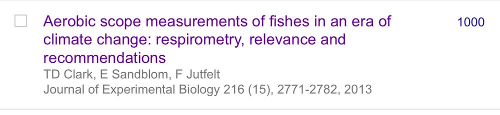 Screen grab of the google scholar citation count for the scientific paper Aerobic scope measurements of fishes in an era of climate change: respirometry,
relevance and recommendations 