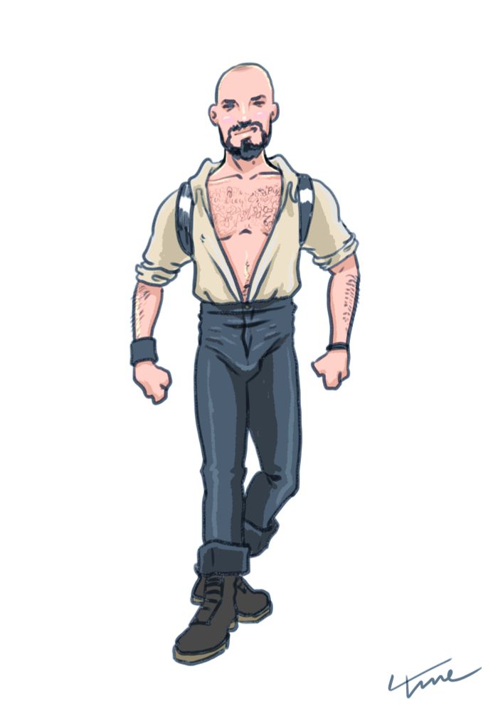 Illustration of the artist as daddy, with an open shirt, shoulder harness and high-waisted trousers 
