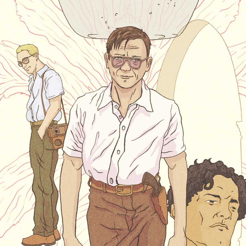 Snippet of an illustration of the 2024 movie 'Queer' - with several characters with an illustration of the yage plant behind them