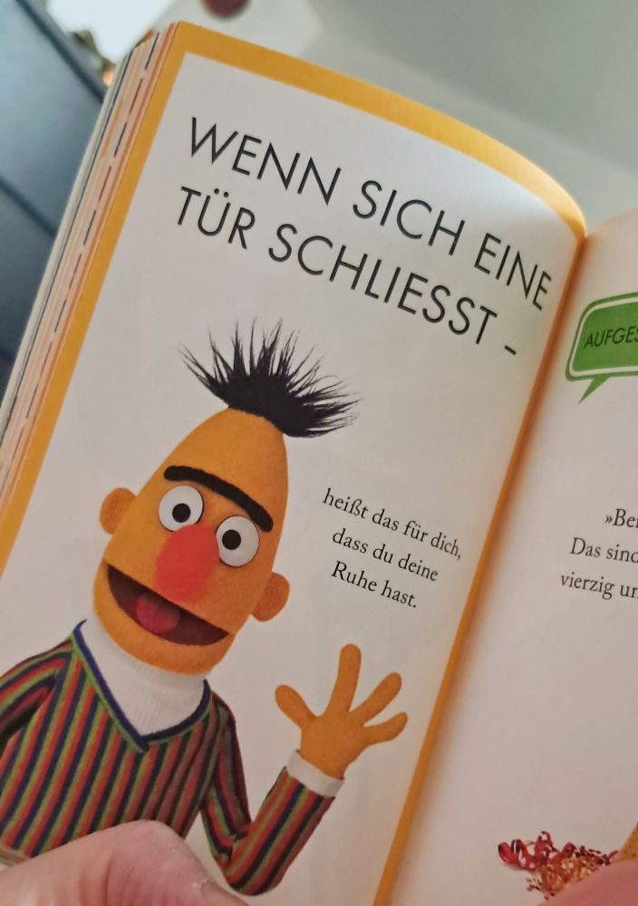 Eine Seite aus einem Buch, wo Bert aus der Sesamstraße zu sehen ist, winkend. Dazu der Text: Wenn sich eine Tür schließt - heißt das für dich, dass du deine Ruhe hast.