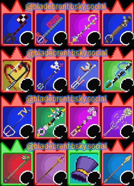 A bunch of fanmade Kingdom Hearts: Chain of Memory cards with various weapons.
From top left to bottom right:
Knock on Nexus (Yume Nikki)
Heavy Sound (Kasane Teto)
Cup Overfloweth (The Cup Arcana from Tarot Cards)
Crate Breaker (Team Fortress 2.  Yes, thats just a Sandman bat with a key taped to it)
Cardiotomy (Valentine's bonesaw from Skullgirls.  I just came up with the name)
Hospital Vein (Original design based somewhat on a hospital)
Whizzing Arrow (Oban Star-Racers)
People Pleaser (Tina from Rock is a Lady's Modesty)
TV TIME (Tenna from Deltarune)
Power Surge (Dynatron from Mighty no. 9)
Not in the Cards (Original design based on a deck of cards)
Sound of 1000 (Original Design I just doodled)
Cool Grabby Dinosaur (Original design based on one of those dollar store grabby claw toy things)
Watcher's Staff (Watcher from Slay the Spire)
Hat in Time (Hat Kid's Hat that is labelled 'Kid's hat' in Hat in Time)
Gift of Strength (based on Theodora's spear in the Fire Emblem Fortune's Weave trailer)