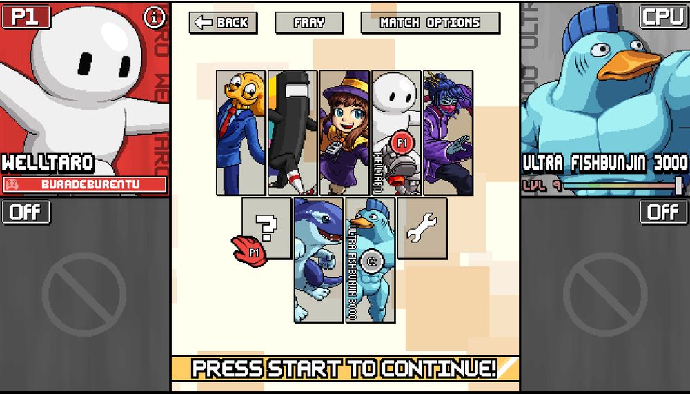 The Character Select screen for Fraymakers: An indie platform fighter featuring Indie characters.  The roster shows Octodad, Commander Video, Hat Kid, Welltaro from "Down Well", Watcher from "Slay the Spire", Orcane from Rivals of Aether, and Ultra Fishbunjin 3000 from Slap city