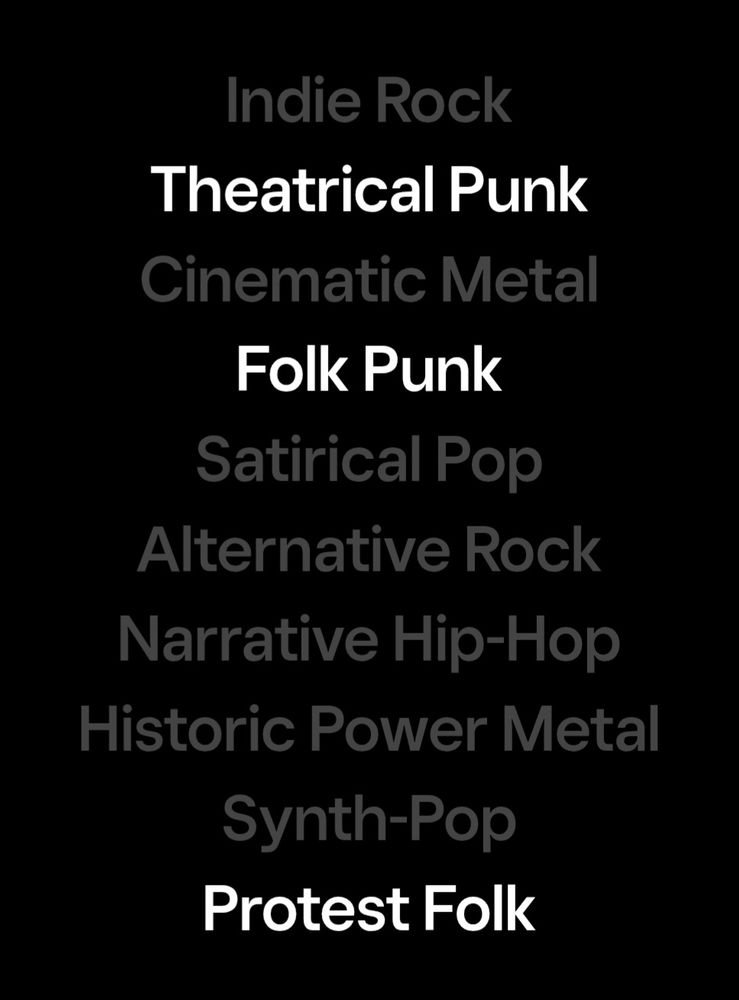 Screenshot of tidal's 2025 recap showing music genres:
Indie rock
Theatrical punk
Cinematic metal
Folk punk
Satirical pop
Alternative rock
Narative hip-hop
Historic power metal
Synth-pop
Portest folk