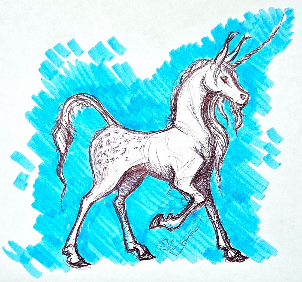 Ballpoint pen doodle of a unicorn. The bg is scribbled in with blue highlighter